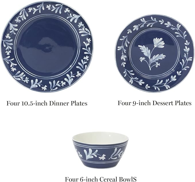 Martha Stewart Dinnerware Set- Maiden Crown 12-Piece Sky Blue Dishes – New Bone China Ceramic Plates & Bowls – Floral Design – Service for 4 – Microwave & Dishwasher Safe