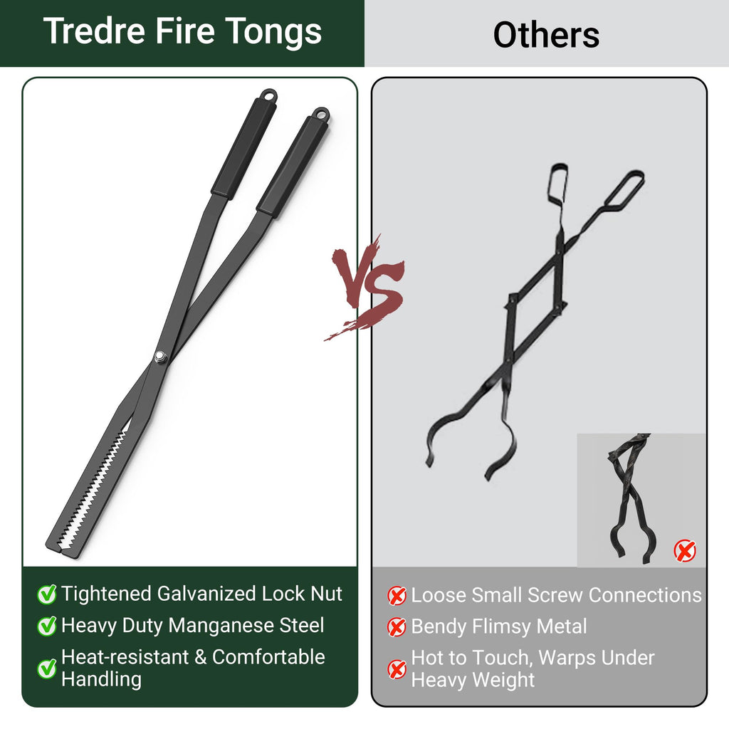 Tredre Fire Tongs and Fire Poker Set, Manganese Steel Fire Pit Tools for Outside, Heavy Duty Fireplace Tongs Log Grabber for Campfire, Wood Stove, Rust-Resistant Firewood Tong Set