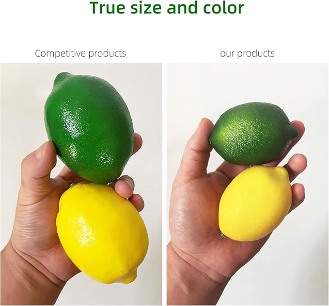 VEOAY Fake Fruit Artificial Lemons 24 Pcs, Faux Lemon Leaves 12 Pcs Lifelike Fake Lemon Decor for Kitchen Table Cabinet Party Plastic Fruits Photography Prop