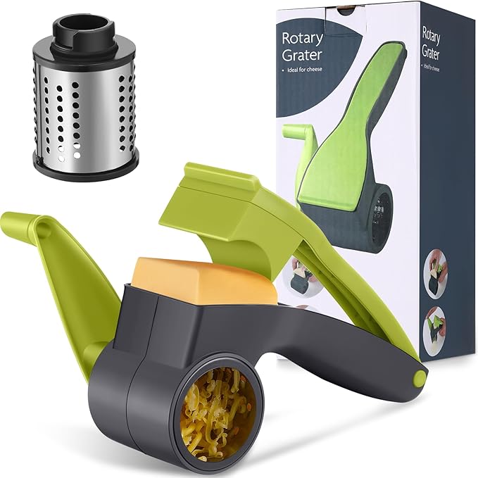 Boao Rotary Cheese Grater Manual Handheld Cheese Grater with Stainless Steel Drum for Grating Hard Chocolate Nuts Kitchen Tool Christmas favors(Gray Green)