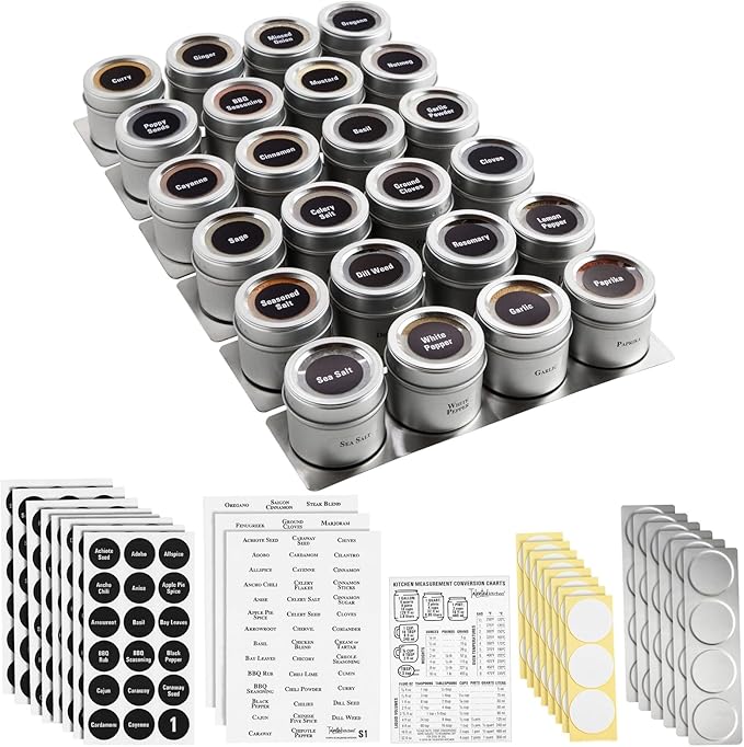 Talented Kitchen Magnetic Stainless Steel Spice Jars - 24-Pack, 3 oz, Silver - Magnetic Kitchen Spice Jars with Organizer Plates & Lids for Fridge & RV - Includes 6 Wall Plates & 269 Preprinted Labels