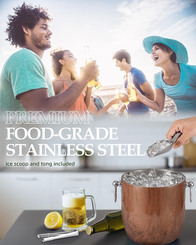 Golden Cudgel Insulated Ice Bucket, 3L Double Wall Stainless Steel Ice Bucket with Tongs,Lid, Scoop and Strainer, Ice Buckets for Parties,Cocktail Bars, Chilling Beer, Champagne, Wine Bottles,Wood
