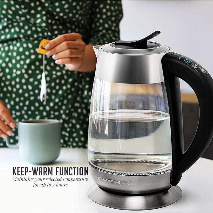 OVENTE 1.8L Glass Electric Kettle with Tea Infuser, Silver KG6610S