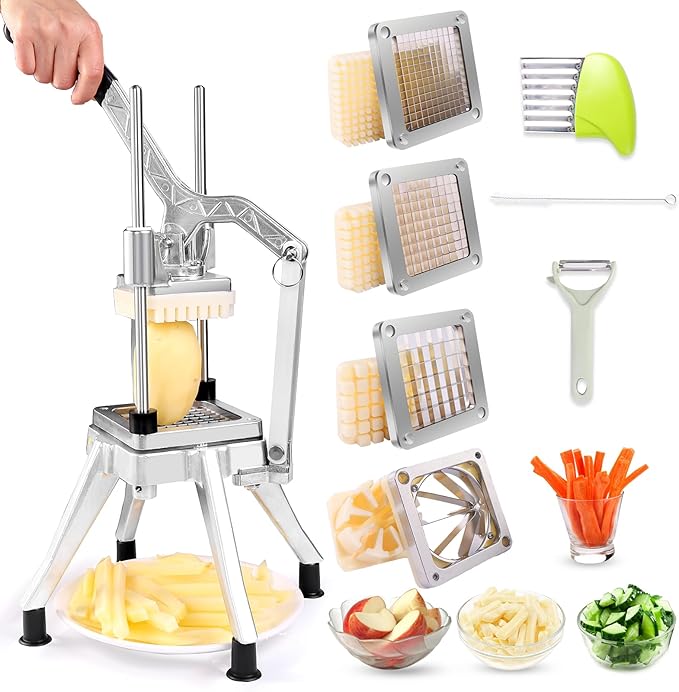Ezcasch French Fry Cutter with 4 Blades(1/4", 3/8", 1/2", 8-wedge slice)