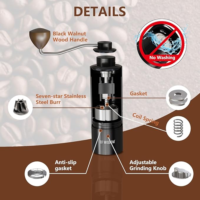 CF WISDOM Portable Manual Coffee Grinder with Stainless Steel Conical Burr