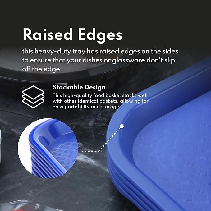 New Star Foodservice Fast Food Tray, 12 x 16 Inch Reusable Plastic Cafeteria Serving Tray, Textured Non-Slip Surface, Stackable Restaurant Tray, Blue, Set of 12