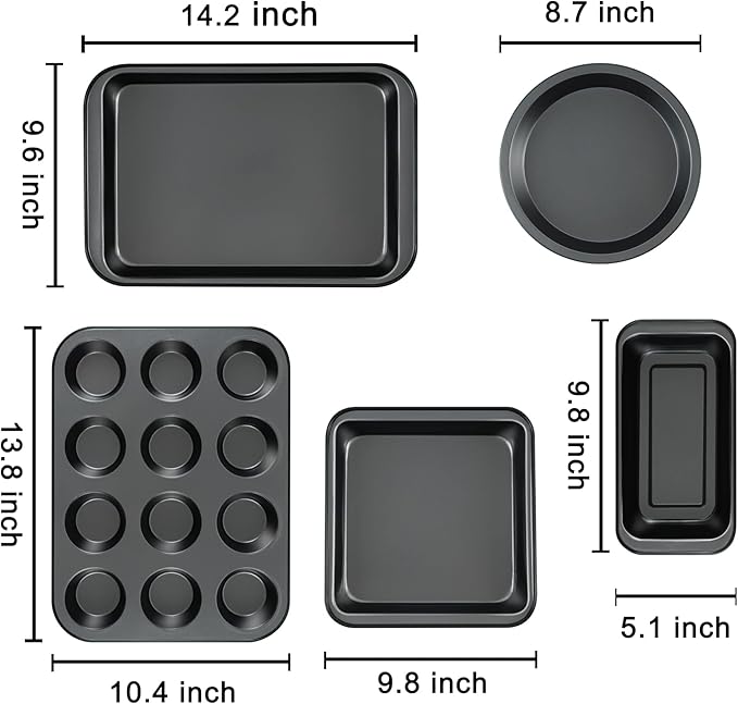 mobzio Kitchen 5-Piece Nonstick Bakeware Set - Round/Square Cake Pans, Muffin Pan, Loaf Pan, Roast Pan & Baking Sheets