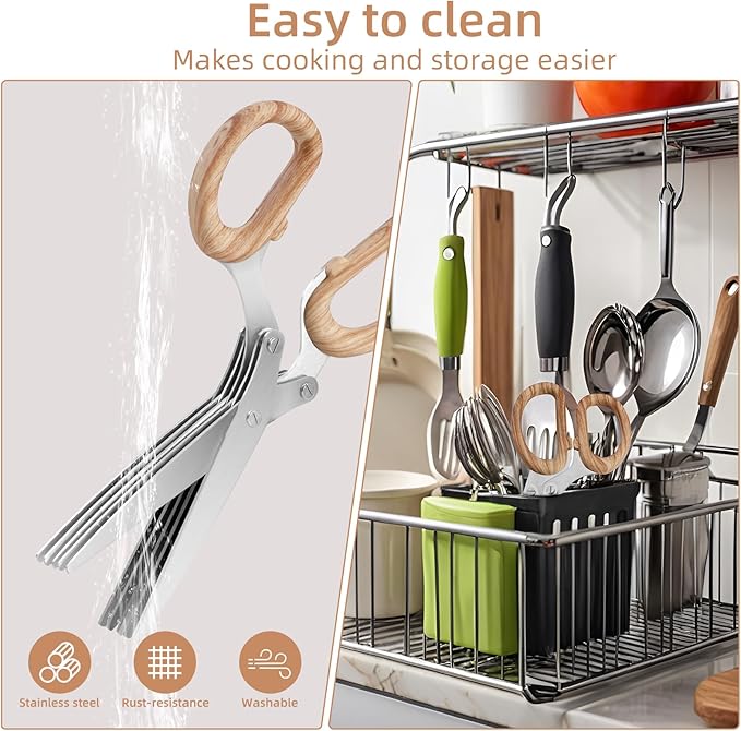 ccraowo 2025 New Herb Scissors Set - Wood Grain Pattern 5 Blades with Cover and Comb - Skin-Friendly Handle, Delicate Grip - Dishwasher Safe, Anti-Rust Stainless Steel for Cutting Fresh Garden Herbs