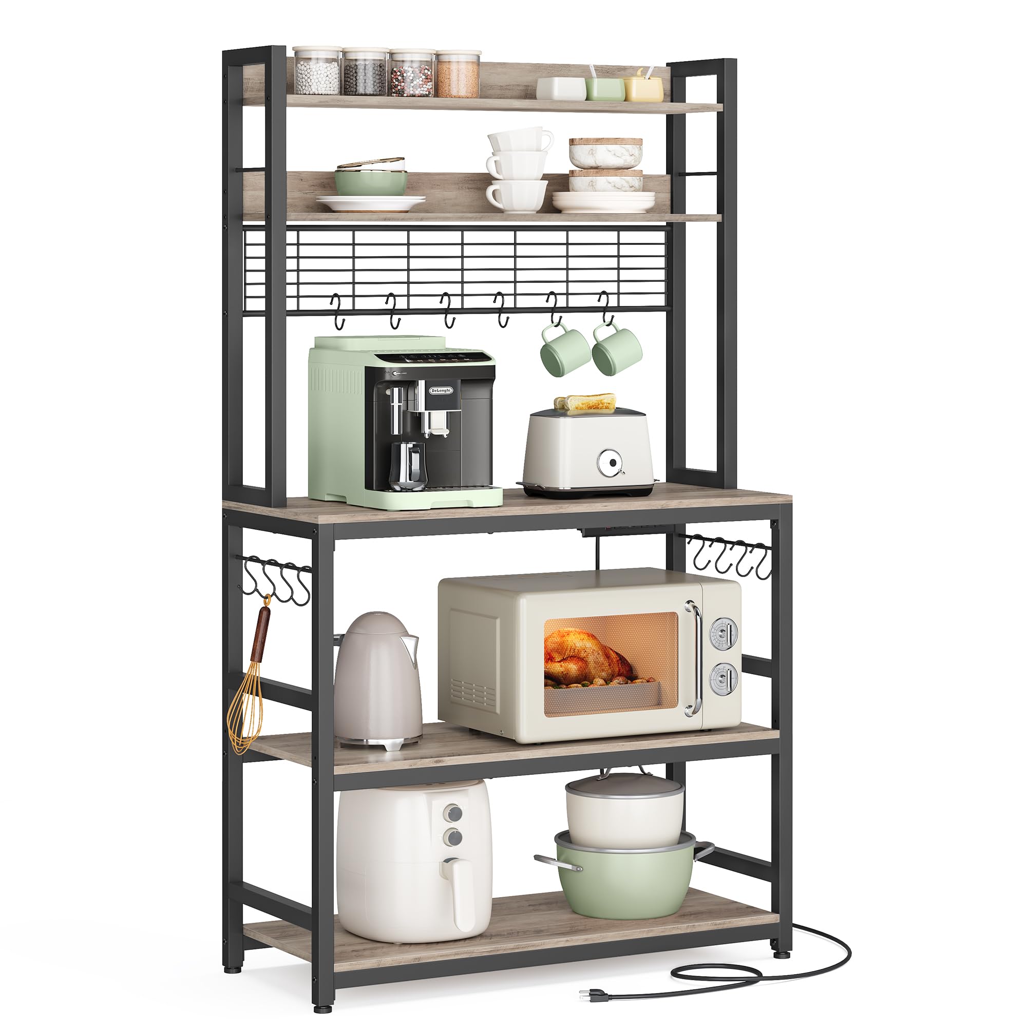 VASAGLE Bakers Rack with Power Outlet, Microwave Stand, Kitchen Tall Utility Storage Shelf, with Metal Wire Panel, 14 Hooks, 15.7 x 31.5 x 66.9 Inches, Heather Greige and Ink Black UKKS025B02