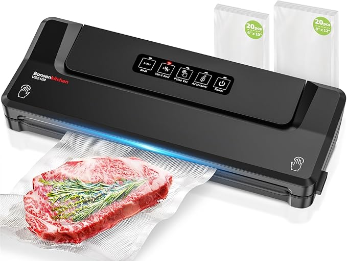Bonsenkitchen Vacuum Sealer Machine With 5 Vacuum Bags,Black