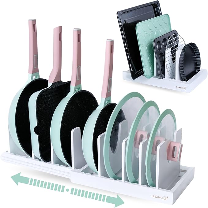Pots and Pans Organizer under Cabinet Expandable Bamboo Pot Lid Holder Rack