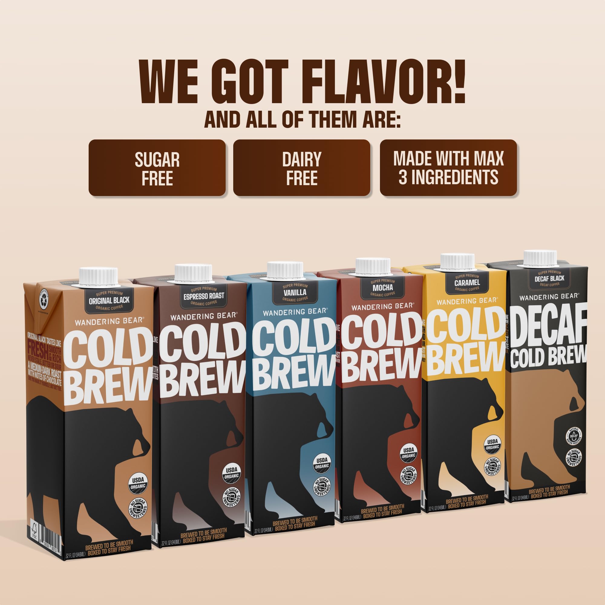 Wandering Bear Decaf Cold Brew Coffee - Bold, Smooth, No Sugar Added, Shelf-Stable, Ready to Drink, Gluten Free & Vegan Decaf Iced Cold Brewed Coffee Drink - 32 fl oz, 3 pack