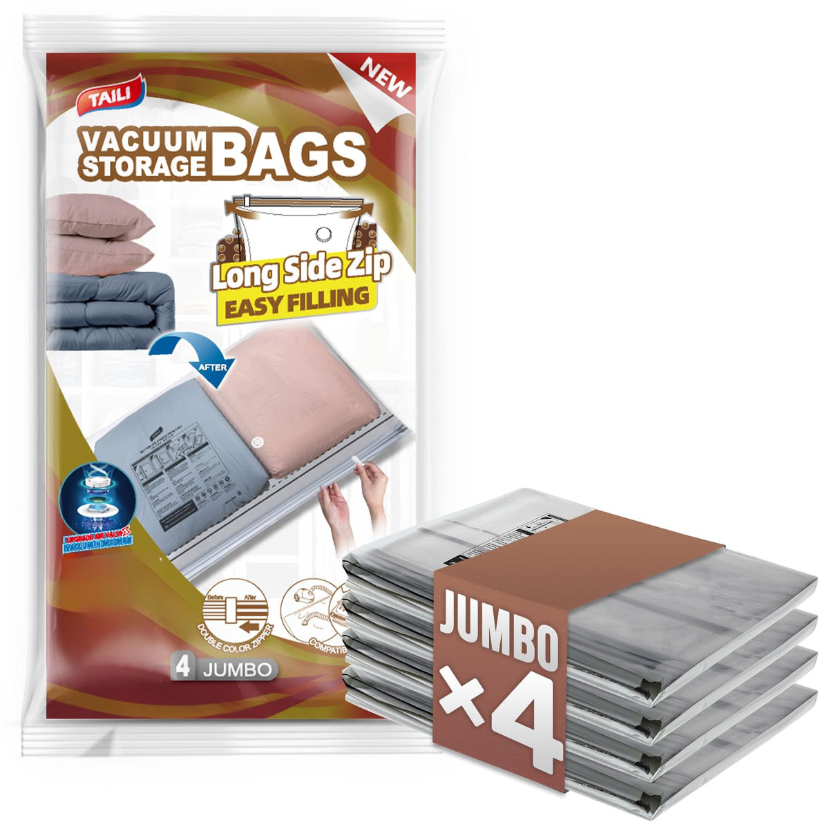 TAILI 4 Pack Vacuum Storage Bags, Jumbo LONG SIDE ZIP(39x28 inch), Clear