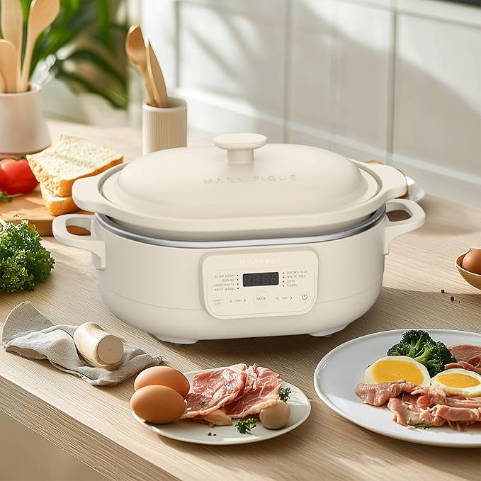 4 Quart Claypot Slow Cooker with Flexible Easy Programming, 8-in-1 Multi Cooker, Removable Crock, Nonstick, Oven Safe Pot to 450°F, Oatmeal