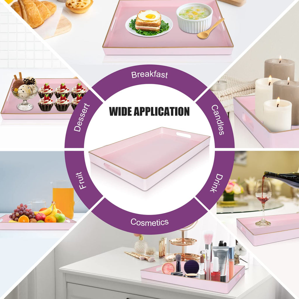 Gifturbo Pink Serving Trays,Decorative Serving Tray with Handles, Coffee Table Rectangular Trays Plastic Tray for Ottoman Bathroom,Living Room, 15.7” x 10.2” x1.37”