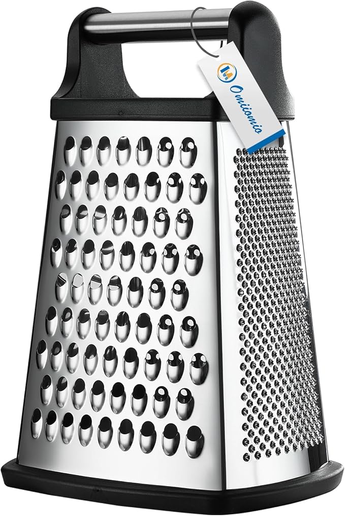 OIM Omiiomio Professional Cheese Grater - Stainless Steel, XL Size, 4 Sides - Perfect Box Grater for Parmesan Cheese, Vegetables, Ginger - Dishwasher Safe - Black