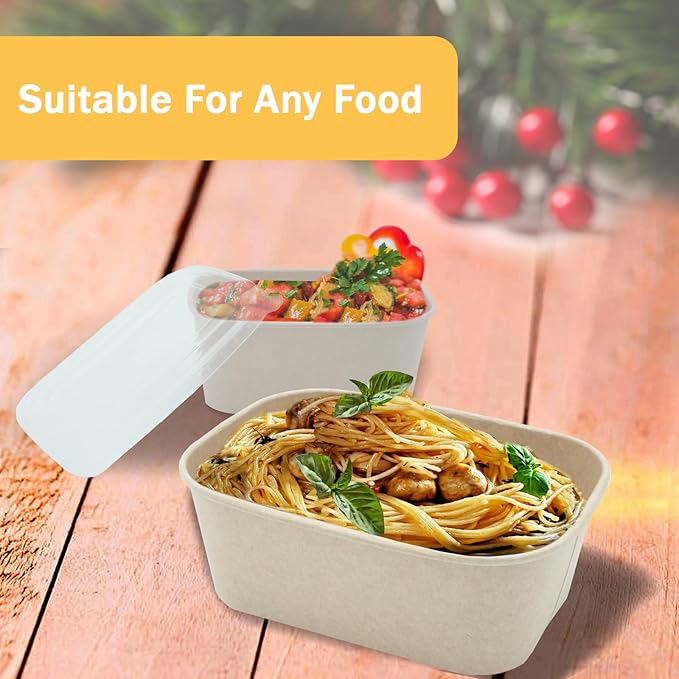 Kaderron 50 Pack 32 OZ Large Paper Bowls with Lids, Heavy Duty Disposable Compostable Container for Party, Disposable Bowls Bulk Soak-Proof and Microwave Safe for Hot/Cold Use(32OZ-50PACK)
