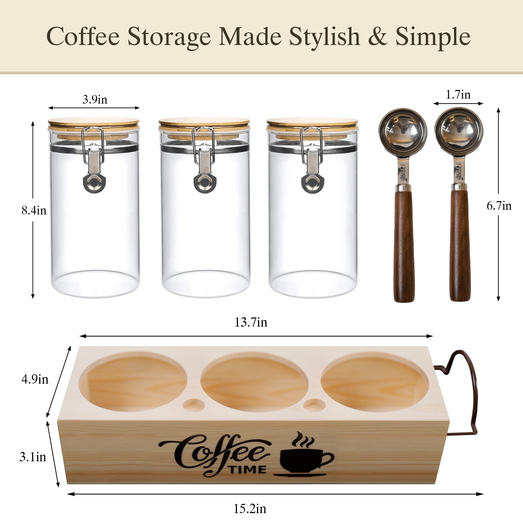 EQEY Glass Coffee Canister Set with Shelf & Spoons - 3 Piece Airtight Seal Coffee Bean Storage Containers & Filter Holder for Kitchen Organization
