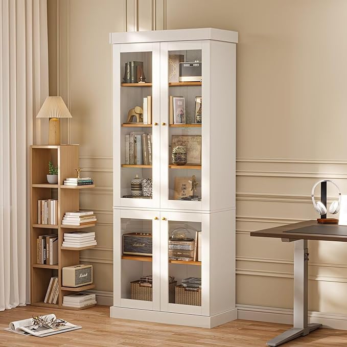 ivaniti 70.8" Tall Farmhouse Bookshelf with Glass Doors, Modular Bookcase with 6-Tier Adjustable Shelves, Large Storage Cabinet for Kitchen, Living Room, White, Set of 4