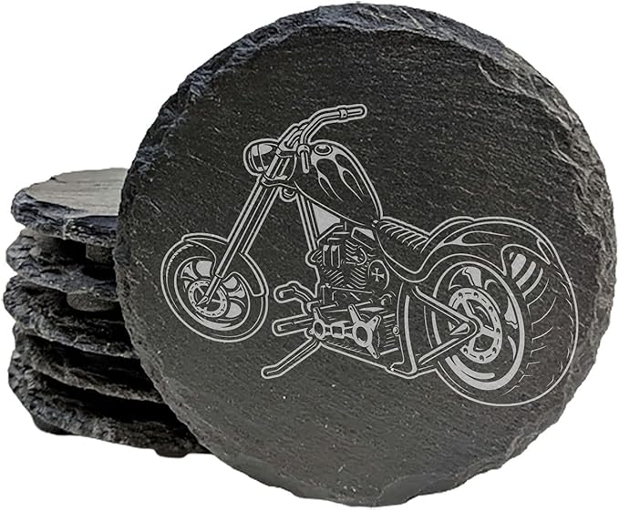 Decorative Chopper Motorcycle Slate Coasters Set of 8 – Round – USA Made