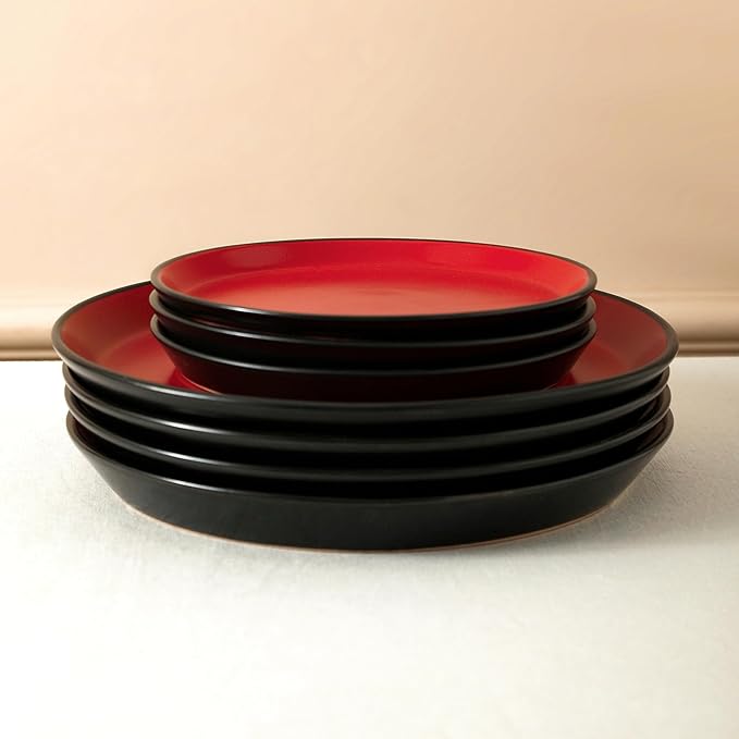 Stone Lain Albie Stoneware 16 Piece Modern Dinnerware Set, Kitchen Plates and Bowls Sets, Service for 4, Red and Black, Microwave & Dishwasher Safe