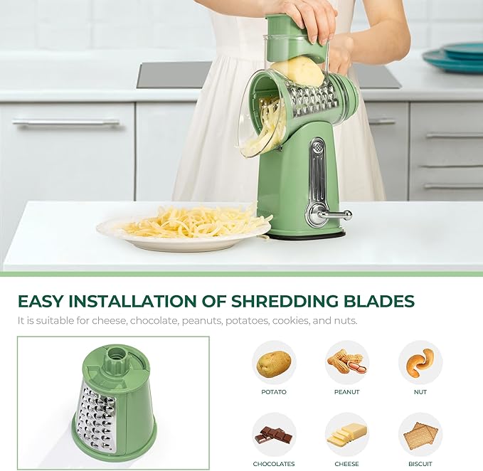 SUSTEAS Rotary Cheese Grater 5 Blades,Kitchen Mandoline Vegetable Slicer
