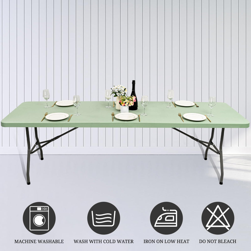 6 Pack Stretch Fabric Table Top Cap Cover, fits 8' Tables, Spandex Table Covers Washable Elastic Rectangle Tablecloth Protector for Indoor Outdoor Party Picnic Wedding, Sage Green, 30" W x 96" L