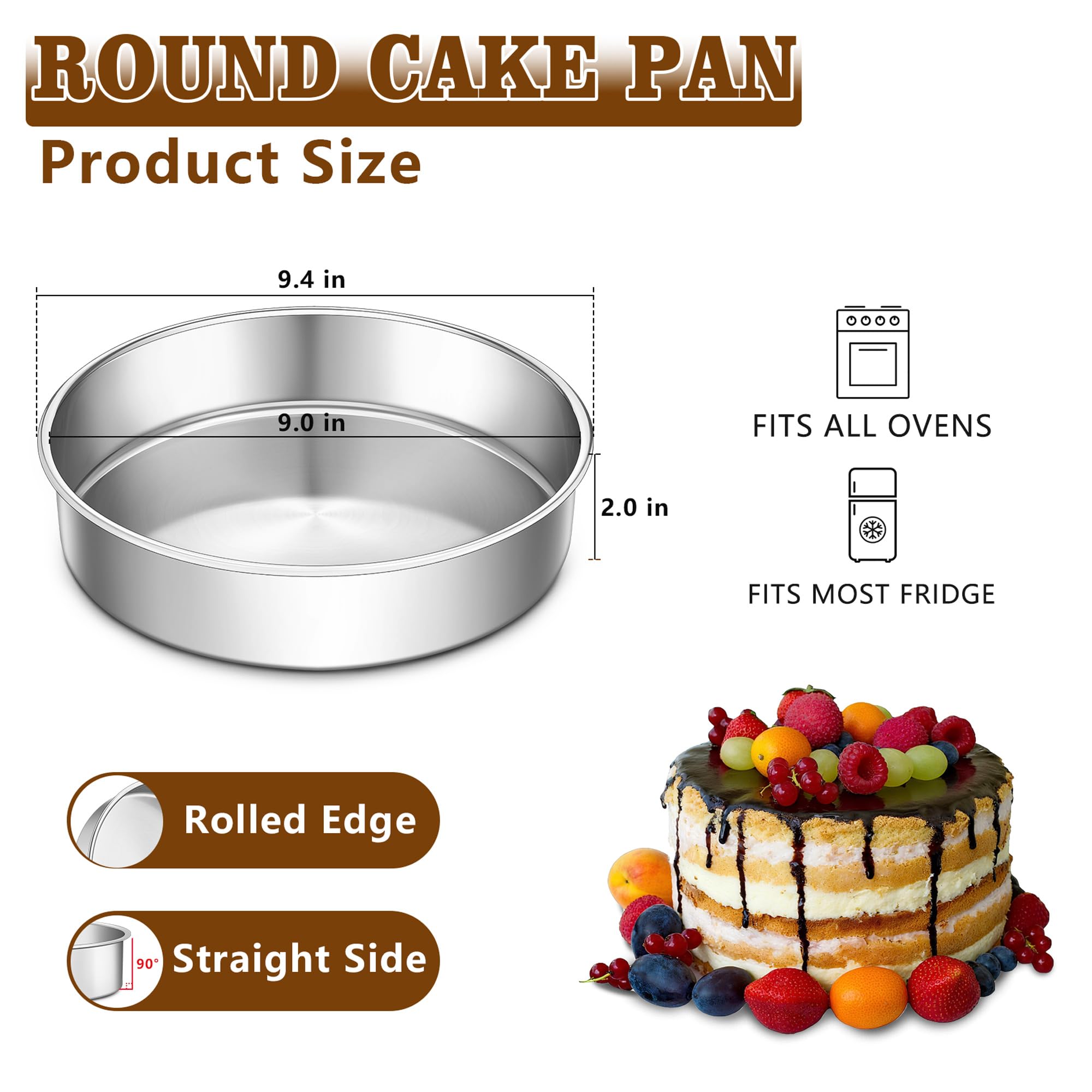 LIANYU Cake Pan 9 Inch Round, Stainless Steel Round Wedding Cake Baking Pan