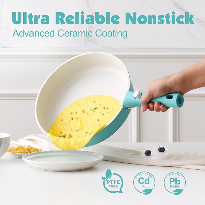 SENSARTE 17 Piece Ceramic Detachable Handle Pots and Pans Set Turquoise