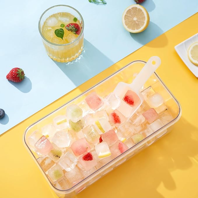PHINOX Ice Cube Tray with Lid and Bin, Easy Release 28 Cubes for Freezer
