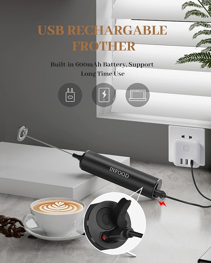 INFOOD Rechargeable Milk Frother with Cover, 2-Speed, 2 Whisks, Black