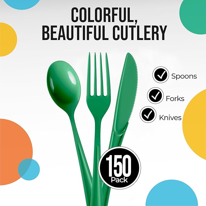 Party Solids Emerald Green Plastic Silverware Heavy Duty 150 Pieces Green Disposable Silverware Heavy Duty, Utensil Sets, 50 Of Each Forks, Knives & Spoons Disposable Cutlery Set For Party Supplies