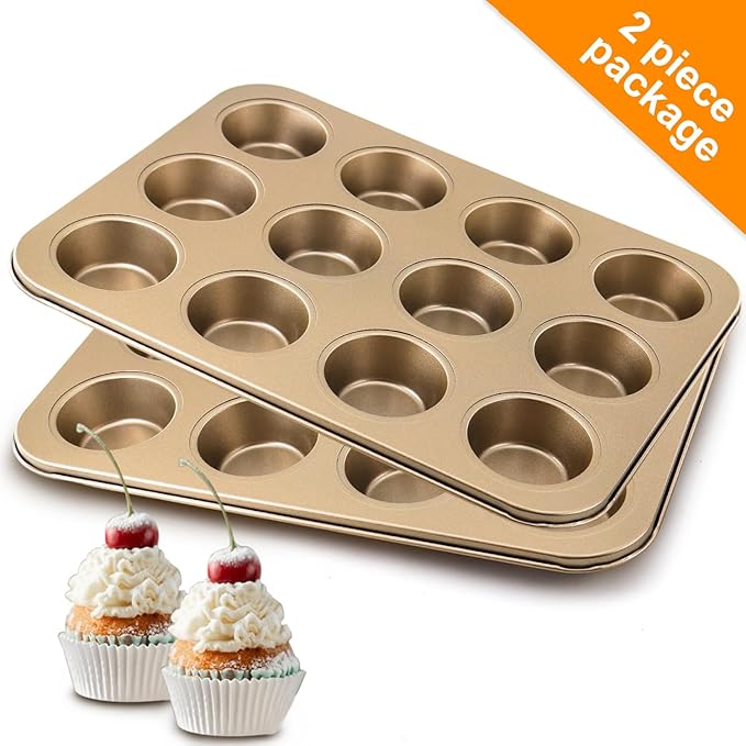 MARIWEI 2 Pack Premium Nonstick Bakeware 12-Cup, Mini Muffin Pan, Dishwasher Oven Safe(Golden, 12 Cup (2 pcs)