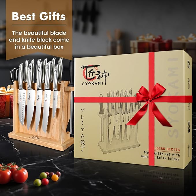 SYOKAMI Japanese Knives Set for Kitchen, Magnetic Knife Set with Block and Sharpener, Stainless Steel Knife Set as Gift for Couple, Wedding, Women or Mom with Gift Box, 14 PCS Black Dot