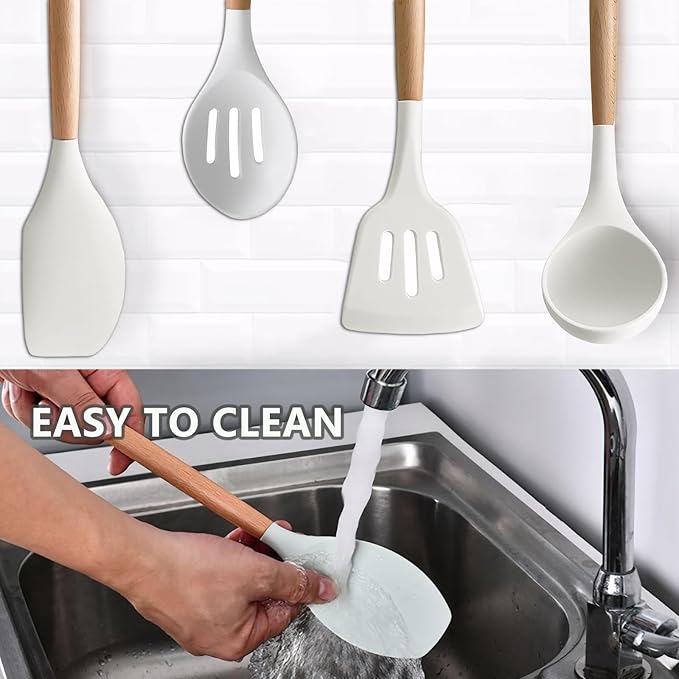 IOCBYHZ Silicone Kitchen Utensils Set of 5, Cooking Utensil Set with Heat Resistant Wooden Handle Non-Stick Silicone Spatula Spoon Turner Ladle, BPA FREE Cooking Kitchen Gadgets for Cookware & Baking