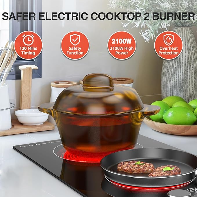 GTKZW 110v Electric Cooktop 2 Burners, 12'' Electric Stove Top with Plug in, Knob Control Countertop & Built-in Ceramic Cooktop, 9 Power Levels, Child Lock, Timer, Over-Heat Protection