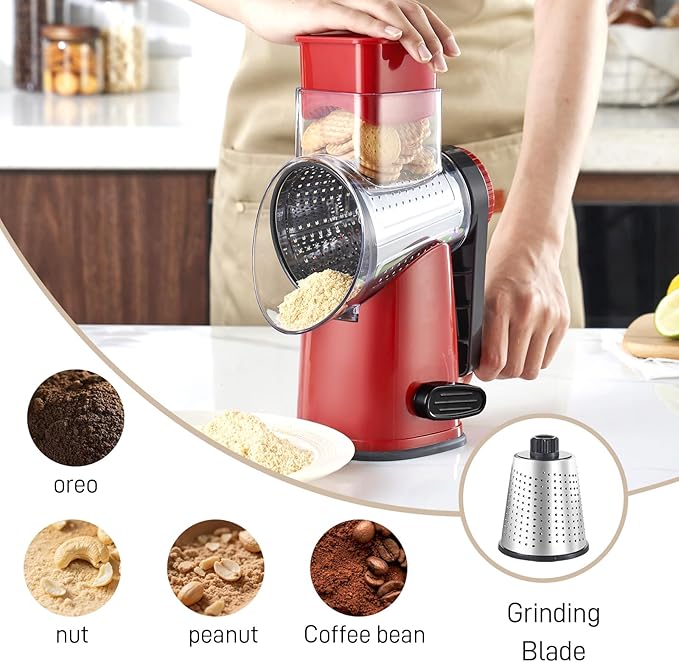 Weltonhm 4 in 1 Large Rotary Cheese Grater Hand Crank (Red black 4 Graters)