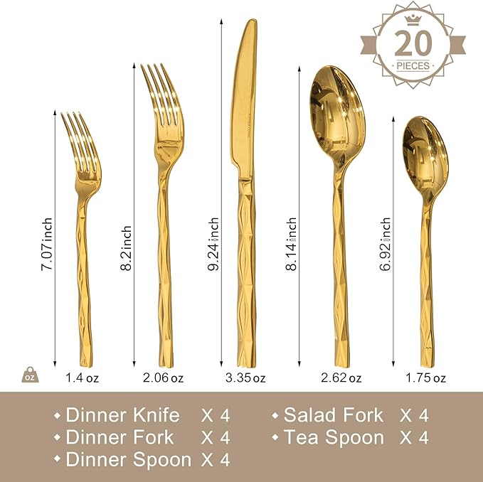 20 Piece 18/10 Gold Silverware Set, Stainless Steel Flatware Cutlery for 4