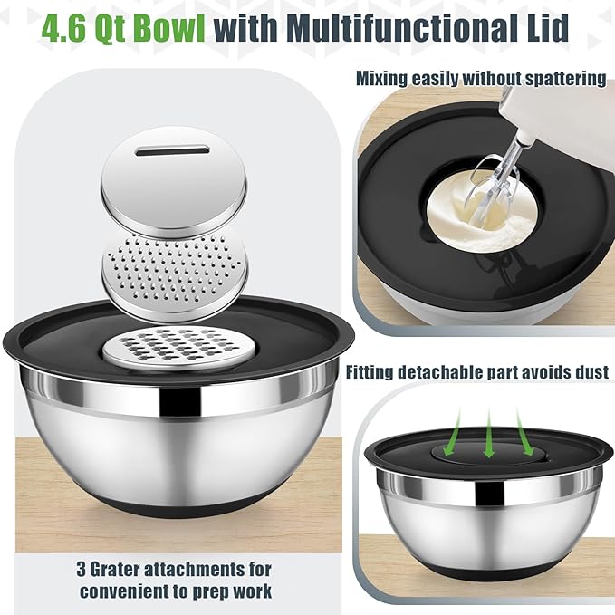 P&P CHEF Mixing Bowl with Lid Set of 3, Stainless Steel Salad Bowls, Black