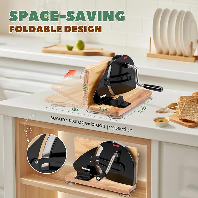 Huanyu Manual Bread Slicer Upgrade Foldable Sourdough Cutter Versatile Hand Crank Stainless Steel Blade Adjustable Thickness with Scale Line & Suction Cup for Homemade & Commercial Use Black