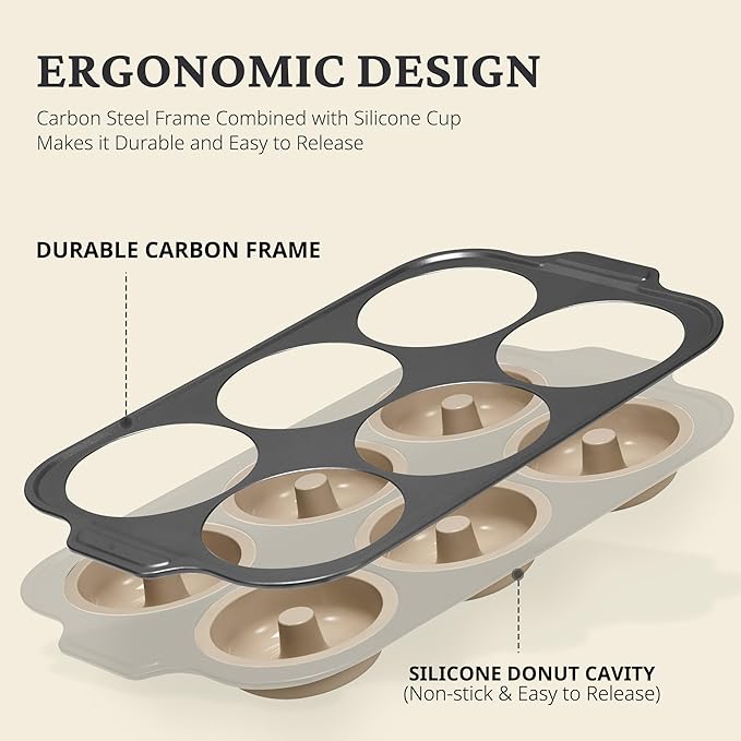 BRONYPRO Silicone Donut Pan for Baking with Metal Reinforced Frame, 6-Cavity Nonstick Doughnut Mold, Large Donut Size, Food-Grade Bakeware, Oven Dishwasher Freezer Safe, Gray