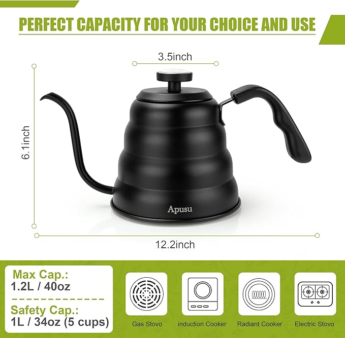 Tea Kettle with Thermometer,Black Gooseneck Coffee Kettle Pot Stovetop,40oz