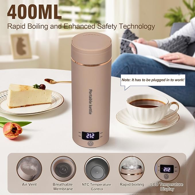 Touxila Portable Electric Kettle for Travel 120V, 13.5oz, 4 Temp Settings