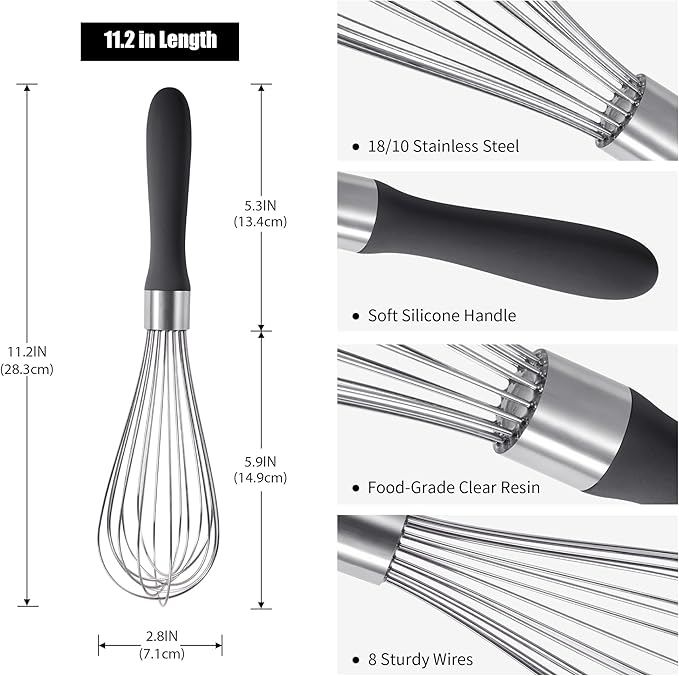 Doosu 18/8 Stainless Steel Balloon Whisk for Cooking (8 Wires, Black)
