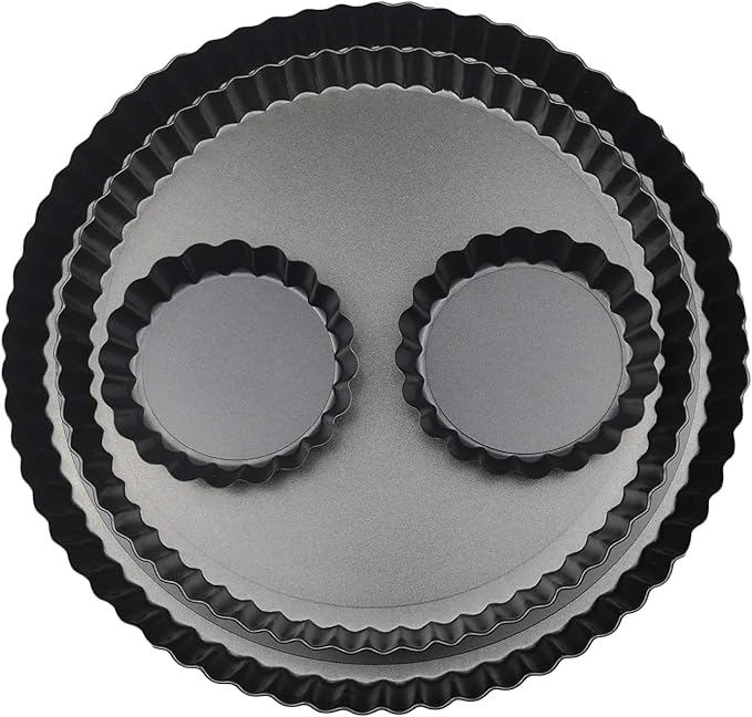 Yamteck 11 & 9 Inch Round Tart Pans with 2Pcs 4'' Mini Pans. Removable Bottom, Non-Stick Coating, Rugged Carbon Steel for Tart Quiche Pie Making. Gift for Christmas Thanksgiving Party Festival Family