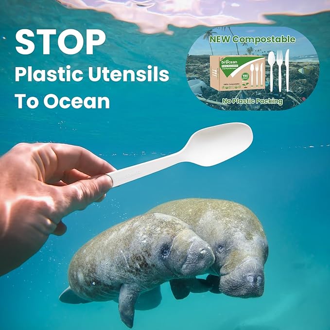 Biocean Extra Heavyduty Compostable Spoons [500 Count,6.7In] Disposable Cutlery No Plastic Spoons Large Biodegradable Utensils Eco Friendly Silverware for Party,BBQ,Daily Use [With Tote]