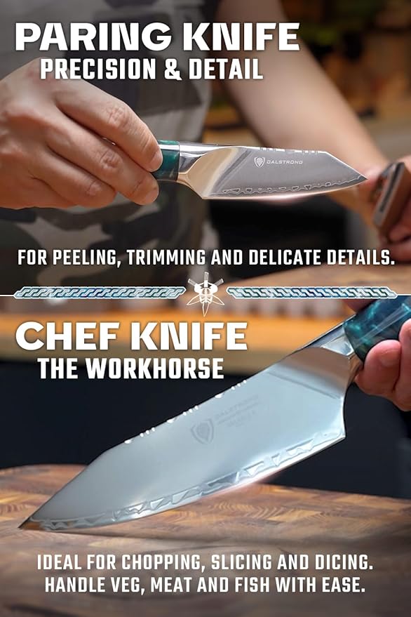 Dalstrong Valhalla 2-Piece Knife Set — 8" Chef + 3.5" Paring — 9CR18MOV HC Steel (8–12° Edge), Unique Wood + Resin Handles — For Apartment Kitchens, Gifts & First Serious Sets