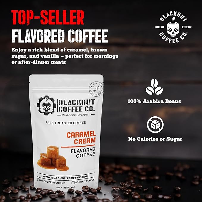Blackout Coffee Caramel Cream Flavored Ground Coffee – Medium Roast, Smooth Taste, Guilt-Free Indulgence – Freshly Roasted 12oz Bag.