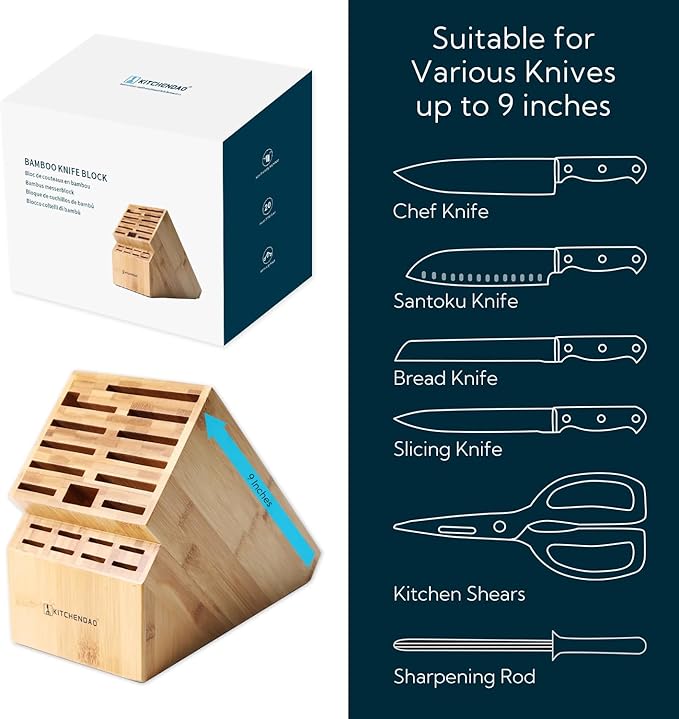 KITCHENDAO 20 Slot Bamboo Knife Block without Knives, Universal Knife Holder for Kitchen, Holding Multiple Types of Knives, Countertop Butcher Block Knife Stand for Easy Kitchen Storage