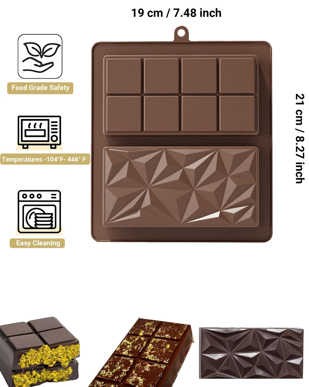 Silicone Chocolate Bar Mold, 1 Inch Deep, Large Candy Mould for Stuffed Bars and Fillings, 2 Pcs (brown02)